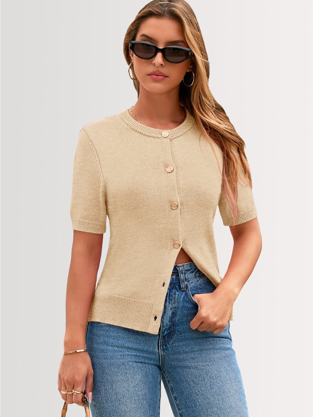 PrettyGarden Cardigan Button Down Basic Crew Neck Sz. L